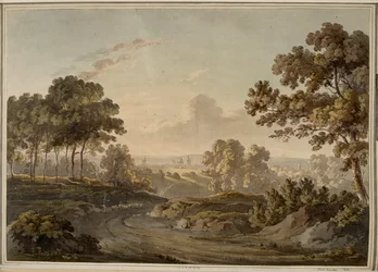 Oxford [gráfico]. Pastor que pastoreia ovelhas na estrada para Oxford, visível no horizonte iluminado pelo brilho do pôr-do-sol.