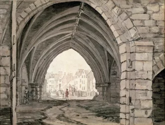 Parte da Abadia de Holyrood com uma vista do Canongate (caneta e tinta com lavagem)