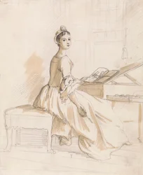 Retrato de uma senhora numa mesa de desenho