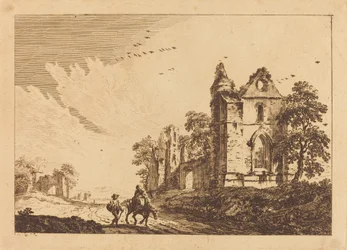 Abadia em ruínas com viajantes na estrada