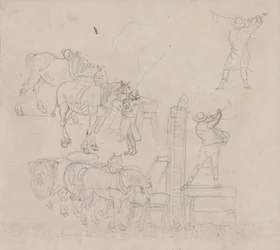 Estudos de um carroceiro bombeando água para seus cavalos (lápis no papel)