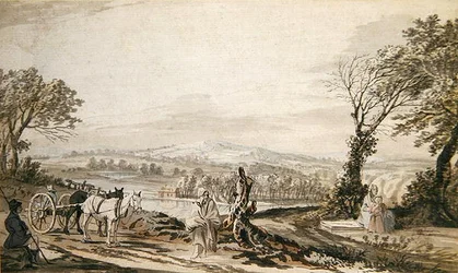 Viajantes descansando por uma estrada acima do vale do rio (lápis, caneta e tinta, tinta lavadora e aquarela sobre papel)