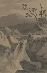 Queda de água e Montanhas Distantes