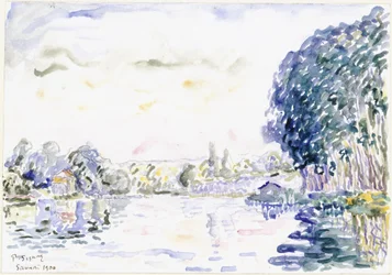 Paisagem fluvial com casinha e árvores