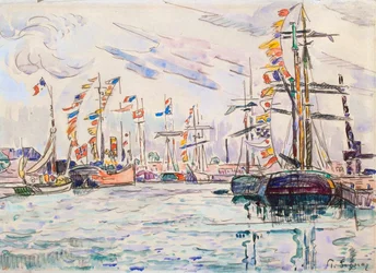 Veleiros com bandeiras do feriado em um cais em Saint Malo, de 1920.