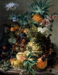 Natureza-morta de frutos e flores. Pintura de Paul Theodor van Brussel (1754-1795) Coleção particular.