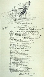 Sinal poético do poeta francês Paul Verlaine (1844-1896) com esboço do representante durante uma leitura. 21/11/1893