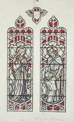 Desenhos de janelas retratando Santa Maria Madalena e Cristo com São Pedro para a Igreja Paroquial de Claverton