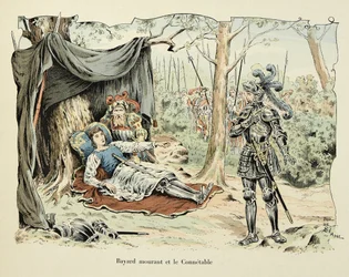 Ilustração retirada do livro "Histoire du chevalier Bayard", de Theodore Cahu, ilustrado por Paul De Semant (1855-1915): Bayard morrendo e Le Connetable de Bourbon 1524