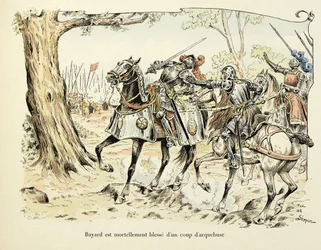 Ilustração retirada do livro "Histoire du chevalier Bayard", de Theodore Cahu, ilustrado por Paul De Semant (1855-1915): Bayard mortalmente feridas com um tiro de arquebuse 1524
