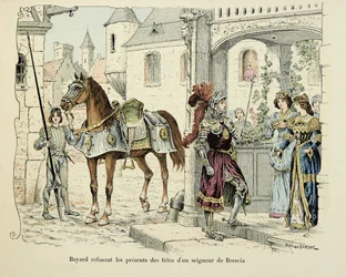 Ilustração retirada do livro "Histoire du chevalier Bayard" de Theodore Cahu, ilustrado por Paul De Semant (1855-1915): Bayard recusando os presentes das filhas de um senhor de Brescia 1512