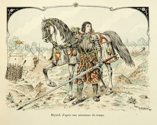 Ilustração retirada do livro "Histoire du chevalier Bayard" de Theodore Cahu, ilustrado por Paul De Semant (1855-1915): Retrato de Bayard depois de uma miniatura da época