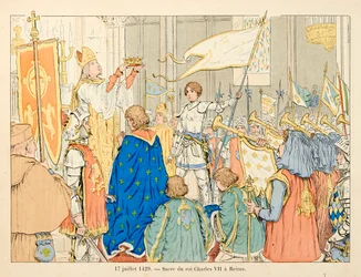 Ilustração retirada do livro «Joana d’Arc», de Théodore Cahu, ilustrado por Paul de Semant (1855-1915): sagração do rei Carlos VII em Reims a 17 de julho