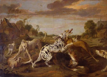 Cães de caça lutando numa paisagem de aldeia com um grupo de caçadores ao fundo (óleo sobre tela)