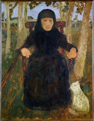 Mulher idosa, sentada, com gato (pintura sobre tela)
