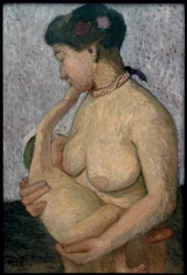 Mãe com criança ao peito, seminua