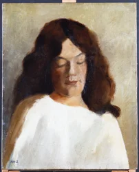 Mulher jovem, com, dela, cabelo baixo, c.1897