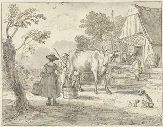 Agricultores com uma vaca em frente da casa