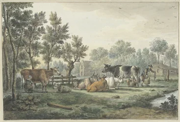 Prado com vacas sendo ordenhadas