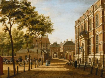 Haia: o Mauritspoort e o Binnenhof vistos do outro lado do Plein, 1773