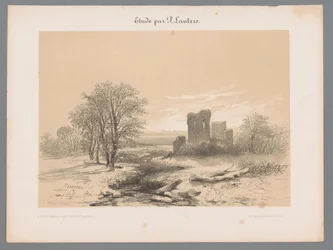 Paisagem com ruína Estudos de Paulus Lauters (título da série) Etude por P. Lauters (título da série no objeto)