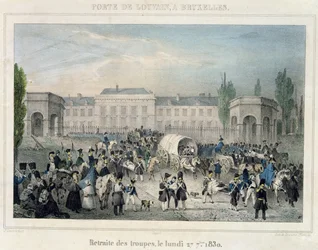 Porte de Louvain, Bruxelas: O Retiro das Tropas Holandesas, 27 de setembro de 1830, gravado por Dewasme-Pletinckx