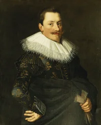 Retrato de um cavalheiro, de meia altura, vestindo um traje azul com bordado em ouro e um colar de renda branca,