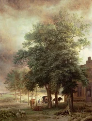 Paisagem com carruagem ou casa além das árvores
