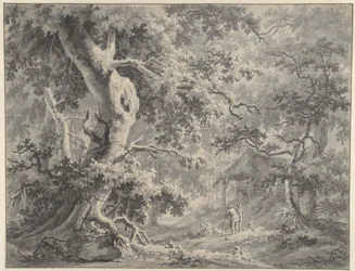 Cena florestal com duas figuras perto de uma cabana