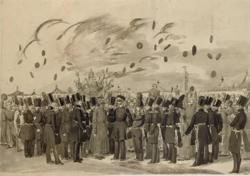 Grão-Duque Mikhail Pavlovich, visitando o campo do Regimento de Guarda-vidas da Finlândia em 8 de julho de 1837, 1837