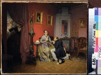 A noiva complicada (Noiva Difícil). Cena em um interior burguês com um homem de joelhos na frente de uma mulher, talvez implorando para que ela se casasse com ele. Dois servos ouvem a conversa escondida atrás de uma cortina. Pintura de Pavel Andreyevich