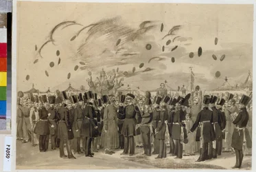 O Grão-Duque Michael Pavlovich (1798-1849) visita o Acampamento do Regimento da Guarda Imperial Finlandesa (ou Regimento da Guarda Finliandski), 8 de julho de 1837. (Grão-Duque Mikhail Pavlovich Visita o Acampamento do Regimento da Guarda da Finlândia em 8