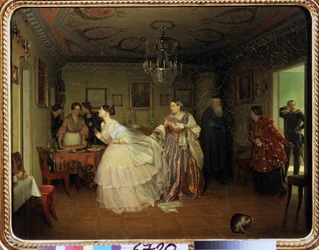 O Betrothal do Major. Descrição de uma sala de desenho, decoração, loiça e mobiliário do século XIX, Uma mulher idosa anuncia a chegada do major, a noiva larga o seu lenço de renda branca e vira-se alegremente para o lado, retida pelo