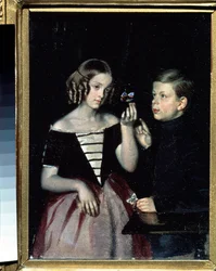 ""Retrato de duas crianças Gerbin contemplando uma borboleta"" Pintura de Pavel Fedotov (1815-1852) Por volta de 1851 Museu Estatal Russo, São Petersburgo