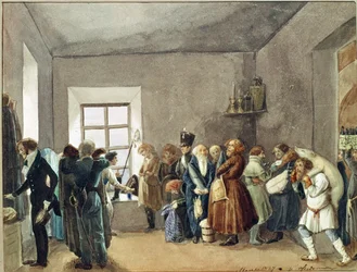Sala de recepção de um comissário de polícia na noite anterior a um feriado. Obra de Pavel Andreyevich Fedotov (1815-1852), aquarela, tinta e lápis sobre papel