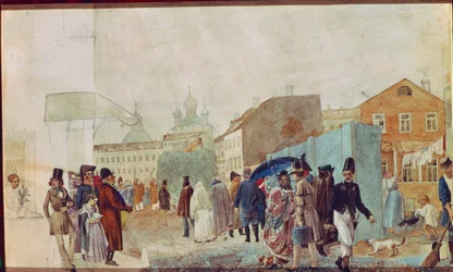 Cena de rua na chuva em Moscou. Obra de Pavel Andreyevich Fedotov (1815-1852), aquarela sobre papel