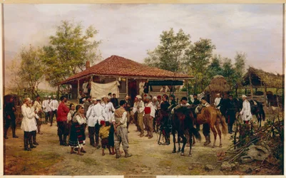 Guerra Russo-Turca (Russo-Turca) de 1877-1878: os doze corpos do exército russo durante a Batalha de Shipka Pass na Bulgária (A equipe de 12 corpos do exército na Bulgária em 1877). Pintura de Pavel Osipovich Kovalevsky