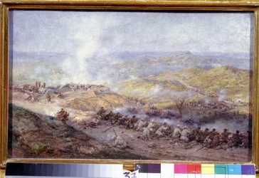 Uma cena da Guerra Russo-Turca (1876-1878) (Uma Cena da Guerra Russo-Turca). Campo de batalha nos Balcãs, onde os soldados do exército russo e do Império Otomano se enfrentam, durante o cerco de Pleven (ou Plevna, na Bulgária), em 1877. Pintura