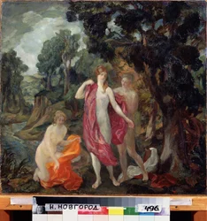Padres. Três mulheres nuas a secarem-se por um ribeiro. Pintura de Pavel Semyonovich Naumov (1884-1942), óleo sobre tela, ca. 1910. Arte russa do século XX, simbolismo. Museu Estatal de Arte, Nizhny Novgorod (Rússia)