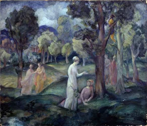 Um passeio pelos campos. Um cenário de lazer, jovens mulheres entre as árvores nas colinas. Trabalho de Pavel Semyonovich Naumov (1884-1942), óleo a bordo