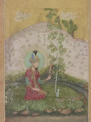 Detalhe de Humayun sentado em uma paisagem, do álbum Late Shah Jahan, c.1650 (wc, ink & gold on paper)