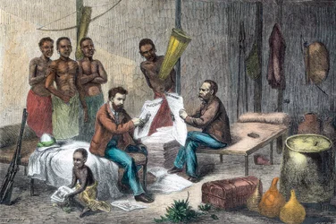 Livingstone e Stanley recebendo jornais na África Central, 1871-1873