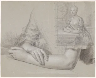 Rascunho para retrato de senhora. Assim como estudo de mãos e braços para o mesmo retrato.