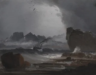 Mar agitado com um navio a vapor perto da costa da Noruega