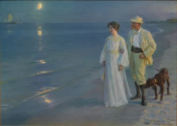 Dinamarquês: Sommeraften ved Skagens Strand Noite de verão na praia de Skagen. O artista e a sua mulher.