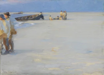 Pescadores na praia do norte de Skagen. Noite de verão