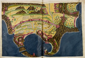 Abaixo ilustração portuguesa de Mascate, do manuscrito Livro do Estado da Índia Oriental de Pedro Barreto de Resende, Sloane MS 197