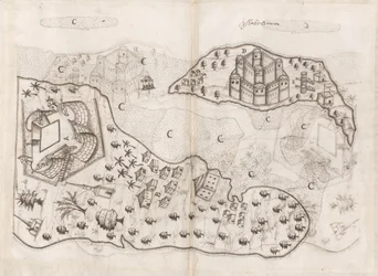 Plano português das ilhas do Barém, Livro do Estado da Índia Oriental de Pedro Barreto de Resende, Sloane MS 197, f.165v-166r (caneta e tinta sobre papel)