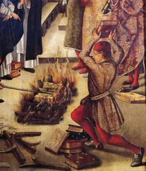 Queima de livros de hereges, detalhe de San Domenico e Albigenses, de Pedro Berruguete (cerca de 1450 - cerca de 1504)