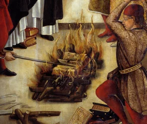 Detalhe de "Saint Dominique et les Albigeois" (Le Miracle des Fanjeaux): o santo dá aos Albigeois o livro refutando sua heresia e os Albigeois tentam queimá-lo, sem sucesso. Pintura de Pedro Berruguete (1450-1504). Sol do século XVI. 1,22 x 0